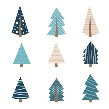 Cute blue christmas tree of different shape set. Collection of xmas tree for greeting card decoration or logo design. Isolated flat vector