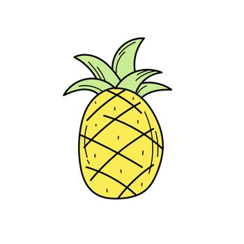 Simple yellow hand drawn pineapple icon on white. Bright exotic fruit