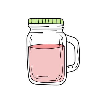 Hand drawn red lemonade in a glass jar. Vector on white background. Fresh summer drink