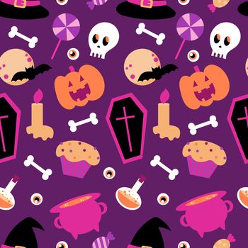 Halloween seamless pattern on a purple background. Cartoon seamless pattern. Endless texture for festive design