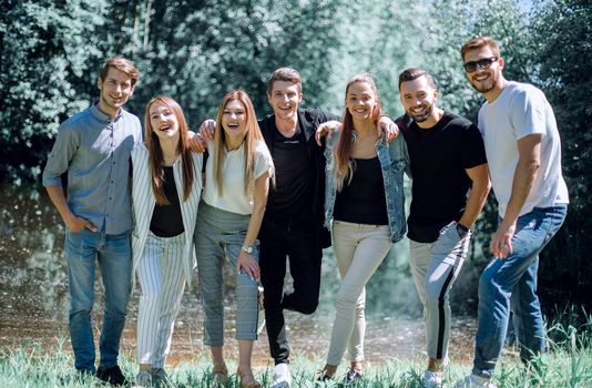 group of students on the background of the city Park. photo with space for text