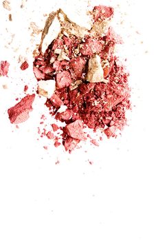 Powder cosmetics, mineral organic eyeshadow, blush or crushed cosmetic product isolated on white background, makeup and beauty banner, flatlay design.