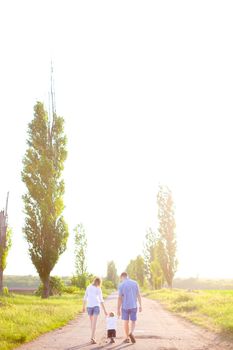 Back view of young mother and father walking on road with little baby, sunshine weather. Concept of parents and children, resting on nature.