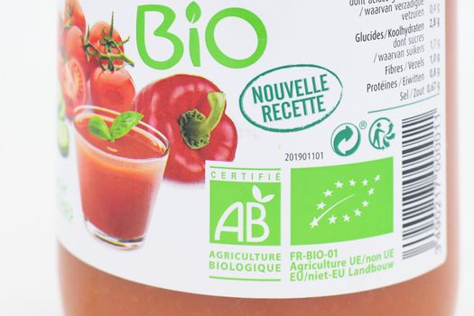 Paris, France - May 17, 2020: Gazpacho soup in a glass jar with a label Organic farming BIO