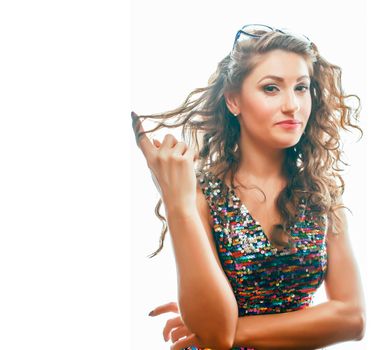 young brunette woman with curly hairstyle in fancy glamur dress isolated on white background gesturing emotional crazy close up