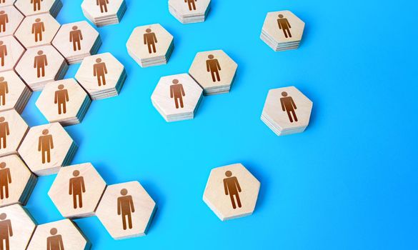 Hexagonal figures of people. Hiring new employees and recruiting staff. Public relations. Human resources. Personnel management. Find candidate for an open role job. Society and social groups.