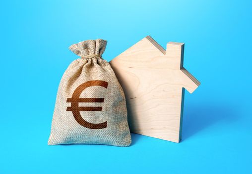 House silhouette and a euro money bag. Home purchase, investment in real estate construction. Mortgage loan. Property appraisal. Realtor services. House project development. Rental business