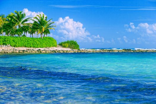 View of the turquoise ocean with a tropical beach, with green vegetation and white sand. Through the dense leaves of palm trees blue sky and sun. Summer holidays on the islands.