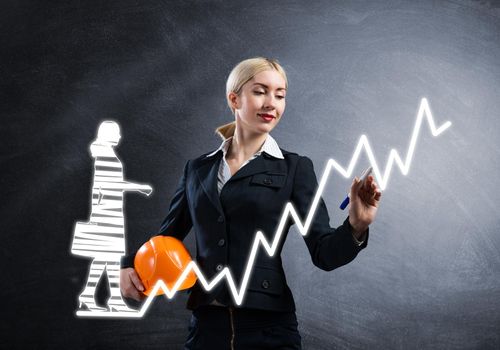Business lady drawing success graph. Development of successful professional career. HR specialist in business suit with safety helmet. Recruitment agency presentation. Human resource management.