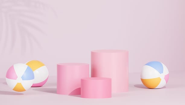 Pink podiums or pedestals for products or advertising on tropical background with beach balls, 3d render
