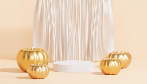 Podium or pedestal with golden pumpkins for products display or advertising for autumn holidays, 3d render