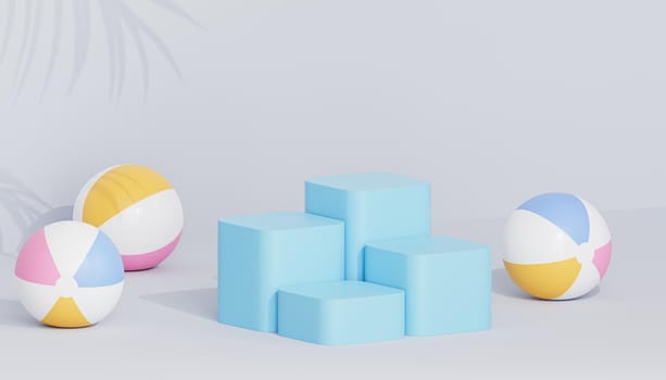 Blue podiums or pedestals for products or advertising on tropical background with beach balls, 3d render