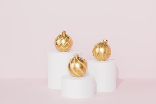Christmas or New Year holidays background with golden baubles or ornaments on podiums, 3d render