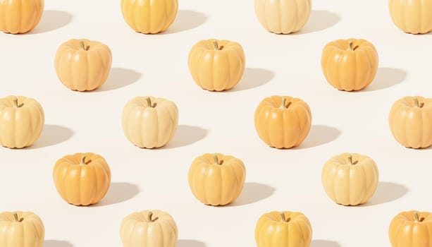 Pumpkins pattern on white background for advertising on autumn holidays or sales, 3d render