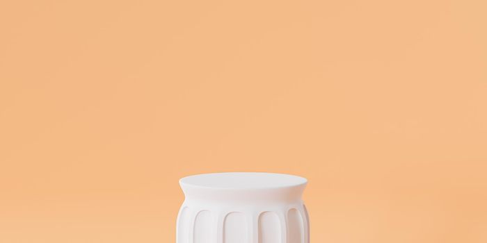 White pillar podium or pedestal for products or advertising on pastel orange banner background with copy space, 3d render