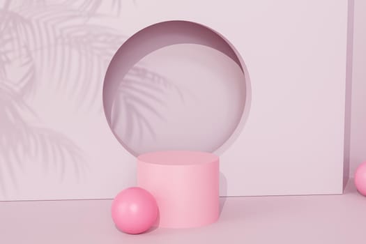 Pink podium or pedestal for products or advertising on tropical background with palm leaf shadows, 3d render