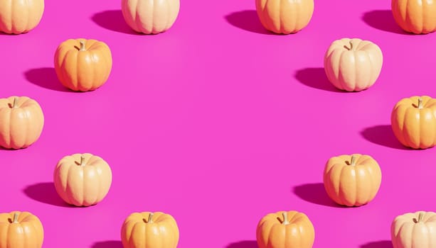 Pumpkins pattern with copy space on purple background for advertising on autumn holidays or sales, 3d render