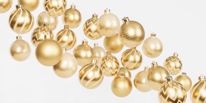 Christmas or New Year holidays banner background with golden baubles or ornaments, 3d render