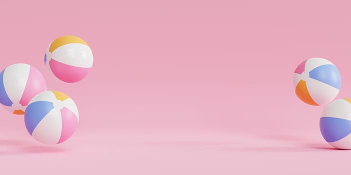 Summer pink banner background with inflatable beach balls, copy space, minimal 3d render