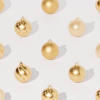Christmas or New Year holidays pattern background with golden baubles or ornaments, 3d render