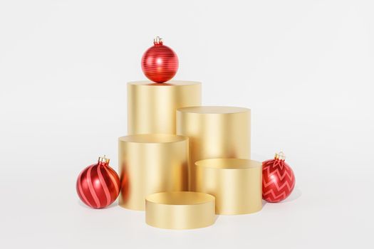 Christmas or New Year holidays golden podiums or pedestals for products or advertising background with red baubles, 3d render