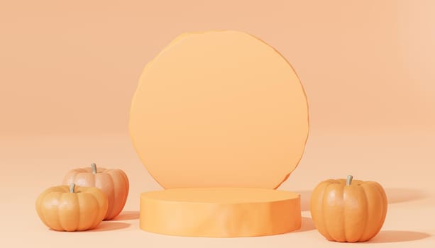 Podium or pedestal with pumpkins for products display or advertising for autumn holidays on orange background, 3d render