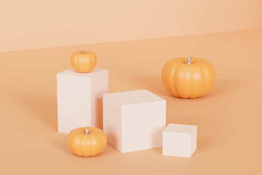 Podiums or pedestals with pumpkins for products display or advertising for autumn holidays on orange background, 3d render