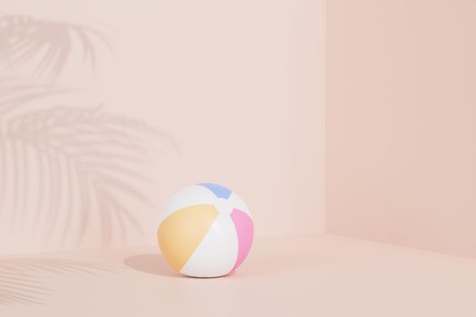 Summer beige background with inflatable beach ball and tropical leaves shadows, 3d render