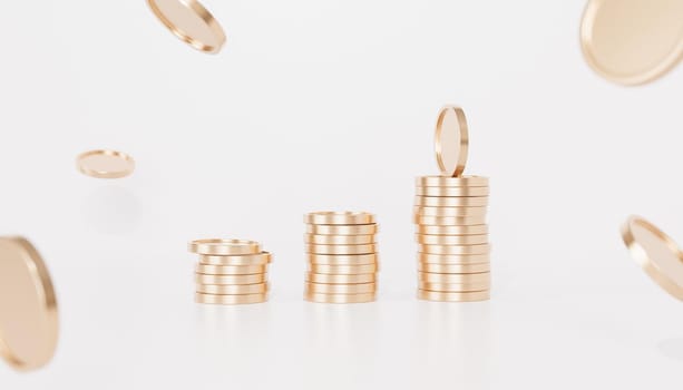 Golden coin stacks growing graph on white background, business investment and saving money concept, realistic 3d render
