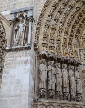 Marvelous sculptural and architectural details of Notre Dame Cathedral in Paris France. Before the fire. April 05, 2019