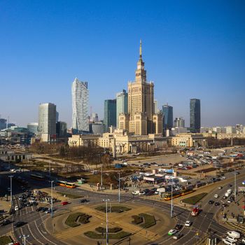 Warsaw / Poland - February 28, 2019: Aerial view center of the city. Palace of Culture and Science and business skyscrapers