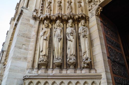 Marvelous sculptural and architectural details of Notre Dame Cathedral in Paris France. Before the fire. April 05, 2019