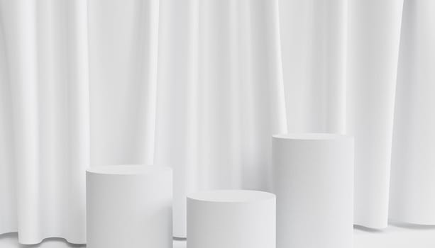 Cylinder podiums or pedestals for products or advertising on white background with curtains, minimal 3d render