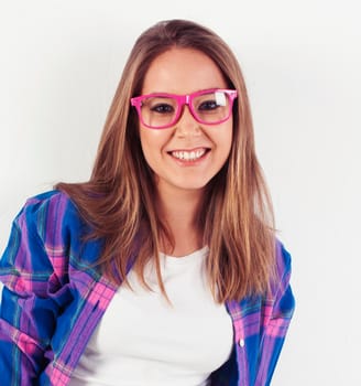 young pretty brunette real girl hipster on white background casual close up dreaming isolated smiling close up