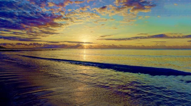 Warm, amazing sea wave close up on the beach sunrise like a sunset, nature landscape background.