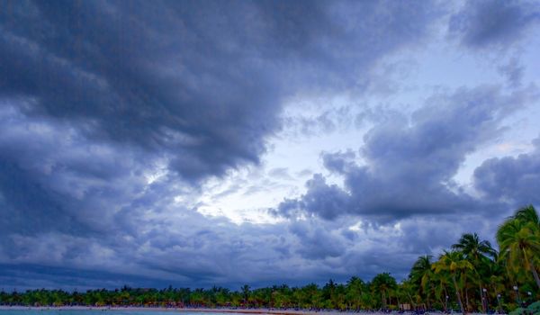 Sandy tropical beach on a hot sunny day. Panorama. Coast.