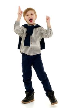 Cute little boy screaming. Concept of children's emotions. Isolated on white background.