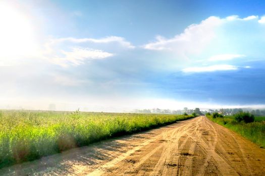 Gravel road on a sunny summer day leading happiness. Relaxing walk along the path. Near the village and summer vacation.