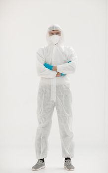 background image of a modern scientist in a protective suit.photo with copy space