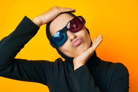 pretty woman watching movies 3D glasses fun ethnicity model. High quality photo