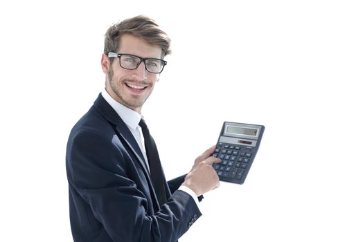 man smiles and shows on calculator.profit