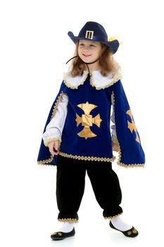 Cheerful little girl dressed as a musketeer. Concept theater, holidays. Isolated on white background.