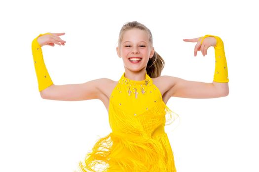 Little girl gymnast in a beautiful sports swimsuit for competitions, close-up. The concept of sport and fitness, a happy childhood. Isolated on white background.