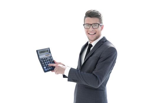Portrait of businessman show calculator on color background with copy space