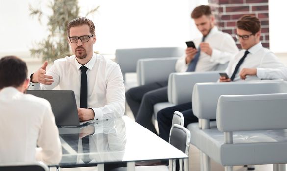 Bank employees in the workplace in the office.photo with text space
