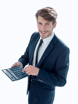 the man smiles and counts on the calculator. The debit and credit