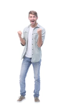 in full growth.happy young man in jeans.isolated on white background