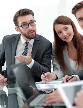 business team discussing a financial report.