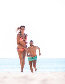 Summer holidays, couple having fun on paradise beach.