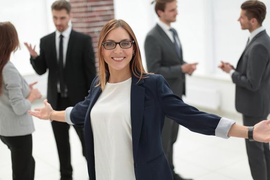 happy business woman with open arms